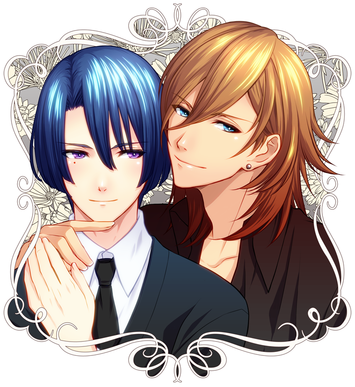 blonde_hair blue_eyes blue_hair earrings hijirikawa_masato jewelry jinguuji_ren male mole necktie short_hair smile uta_no_prince-sama violet_eyes