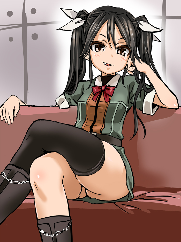 1girl asanagi black_hair black_legwear blush boots couch crossed_legs fang hair_ribbon kantai_collection long_hair looking_at_viewer personification ribbon rough short_sleeves single_thighhigh sitting skirt smile solo thighhighs tone_(kantai_collection) twintails