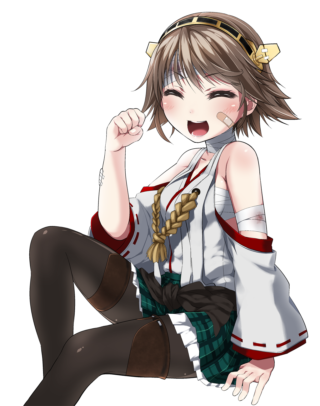 1girl bandages bandaid brown_hair closed_eyes detached_sleeves hairband hiei_(kantai_collection) highres japanese_clothes kantai_collection kuro_chairo_no_neko looking_at_viewer nontraditional_miko pantyhose personification smile solo white_background