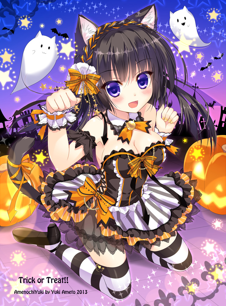 :3 ameto_yuki animal_ears arm_garter bare_shoulders black_hair breasts cat_ears cat_tail cleavage detached_collar ghost halloween jack-o'-lantern large_breasts long_hair looking_at_viewer original paw_pose skirt smile star striped striped_legwear tail thighhighs wrist_cuffs