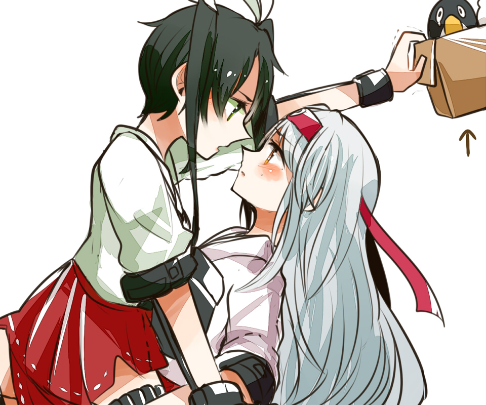 2girls :d green_eyes green_hair japanese_clothes kantai_collection long_hair looking_at_another multiple_girls muneate open_mouth personification pleated_skirt ribbon ringetsumon shoukaku_(kantai_collection) silver_hair skirt smile translated twintails very_long_hair zuikaku_(kantai_collection)