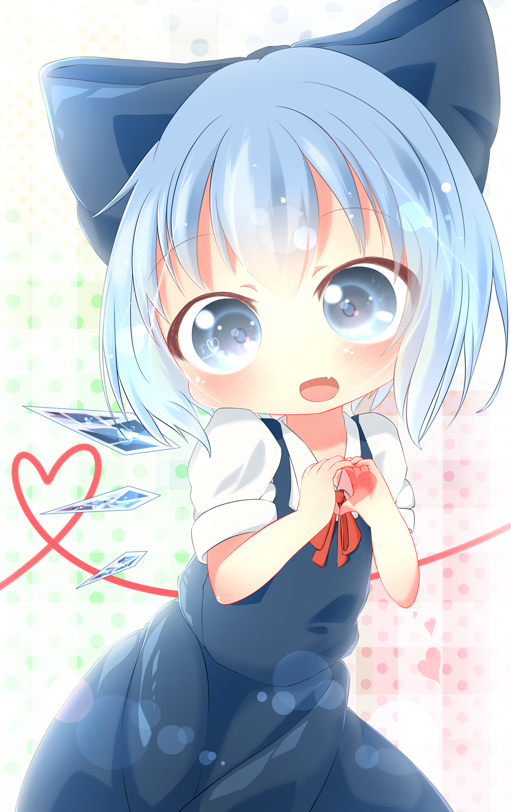 1girl akisha blue_dress blue_eyes blue_hair blush bow cirno dress fang hair_bow heart heart_hands heart_of_string highres ice ice_wings looking_at_viewer open_mouth smile solo touhou wings