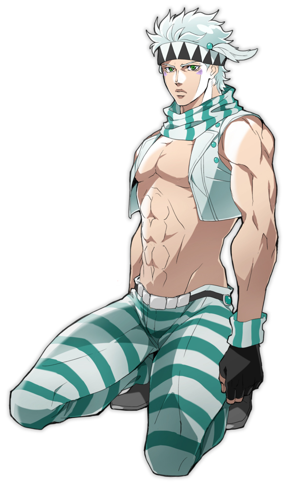 1boy caesar_anthonio_zeppeli danemaru facial_mark feathers fingerless_gloves gloves green_eyes hair_feathers headband jojo_no_kimyou_na_bouken kneeling official_style scarf shirtless solo striped striped_pants vest white_hair