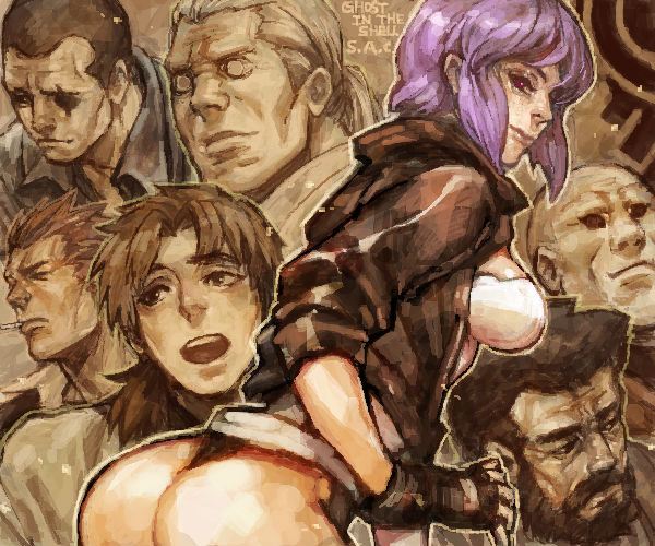 ass batou beard character_request cigarette facial_hair fingerless_gloves from_behind ghost_in_the_shell ghost_in_the_shell_stand_alone_complex gloves kusanagi_motoko leotard looking_back red_eyes ruushii scar