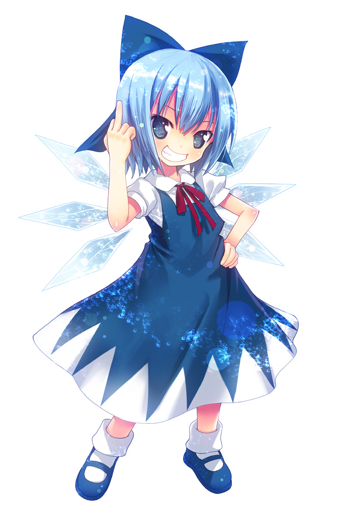 1girl blue_dress blue_eyes blue_hair bow cirno dress grin hair_bow ice ice_wings kiira looking_at_viewer middle_finger puffy_sleeves shirt short_sleeves smile solo touhou wings