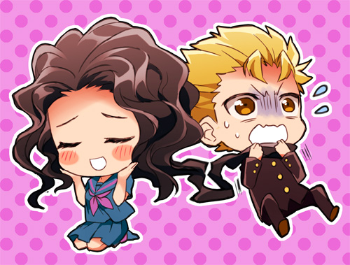 1boy 1girl asphyxiation black_hair blonde_hair blue_eyes blush brown_eyes chibi choking danemaru gakuran hirose_kouichi jojo_no_kimyou_na_bouken long_hair lowres prehensile_hair school_uniform serafuku yamagishi_yukako