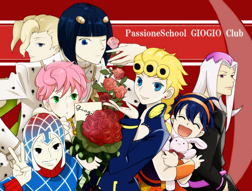 black_hair blonde_hair bouquet bruno_bucciarati flower giorno_giovanna guido_mista jojo_no_kimyou_na_bouken leone_abbachio narancia_ghirga ouran_high_school_host_club pannacotta_fugo parody pink_hair stuffed_animal stuffed_bunny stuffed_toy style_parody trish_una v white_hair xxxceller