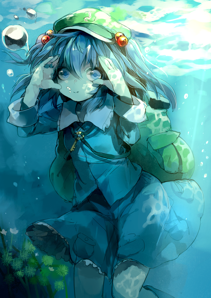 1girl asuna_(i_luv) backpack bag blue_eyes blue_hair boots bubble dress hair_bobbles hair_ornament hand_on_head hat kawashiro_nitori key long_sleeves looking_at_viewer plant pocket rubber_boots shirt short_hair skirt skirt_set solo sunbeam sunlight touhou twintails underwater wet wet_clothes