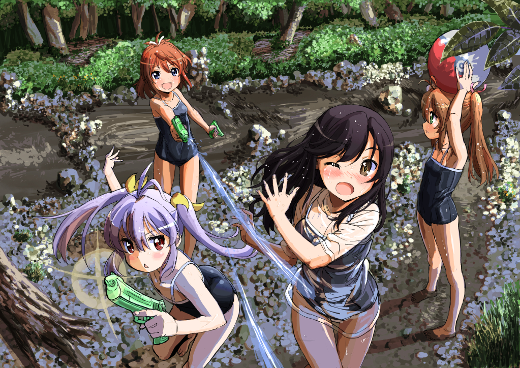 4girls antenna_hair ball battle beachball black_hair blue_eyes blush bow breasts brown_eyes brown_hair chestnut_mouth dual_wielding hair_bow hair_ribbon ichijou_hotaru kadokawa koshigaya_komari koshigaya_natsumi long_hair miyauchi_renge multiple_girls nintendo non_non_biyori open_mouth orange_hair poke_ball poke_ball_(generic) pokemon ribbon river running short_hair smile splashing swimsuit tetsujin_momoko tv_tokyo twintails water water_gun wink