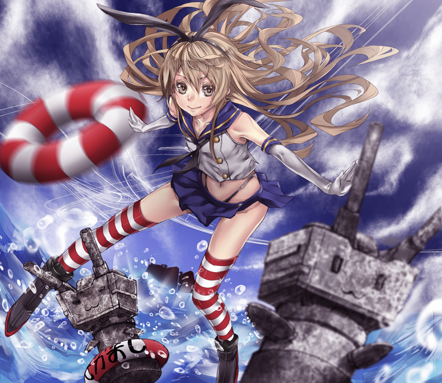 1girl :3 anchor black_panties blonde_hair brown_eyes elbow_gloves flat_chest gloves hair_ornament hair_ribbon innertube kantai_collection long_hair looking_at_viewer navel panties personification rensouhou-chan ribbon sailor_collar senghei_jerryu shimakaze_(kantai_collection) skirt solo striped striped_legwear thighhighs underwear white_gloves |_|