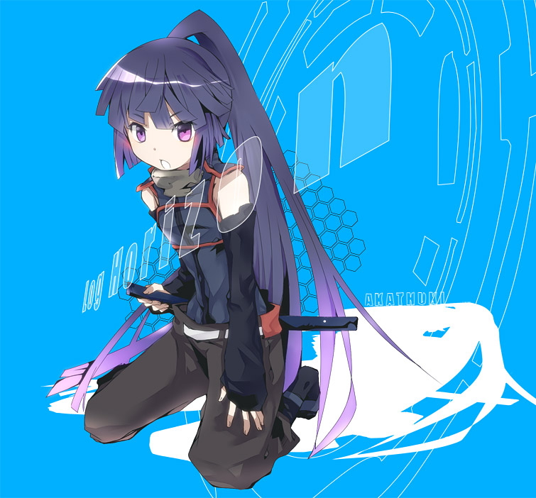 1girl akatsuki_(log_horizon) detached_sleeves hayaco log_horizon long_hair ponytail purple_hair short_sword solo sword violet_eyes weapon