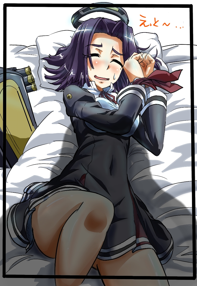 1girl closed_eyes gloves highres kantai_collection kuchikey lying machinery mechanical_halo mole open_mouth personification purple_hair shadow short_hair solo sweatdrop tatsuta_(kantai_collection) tied_up
