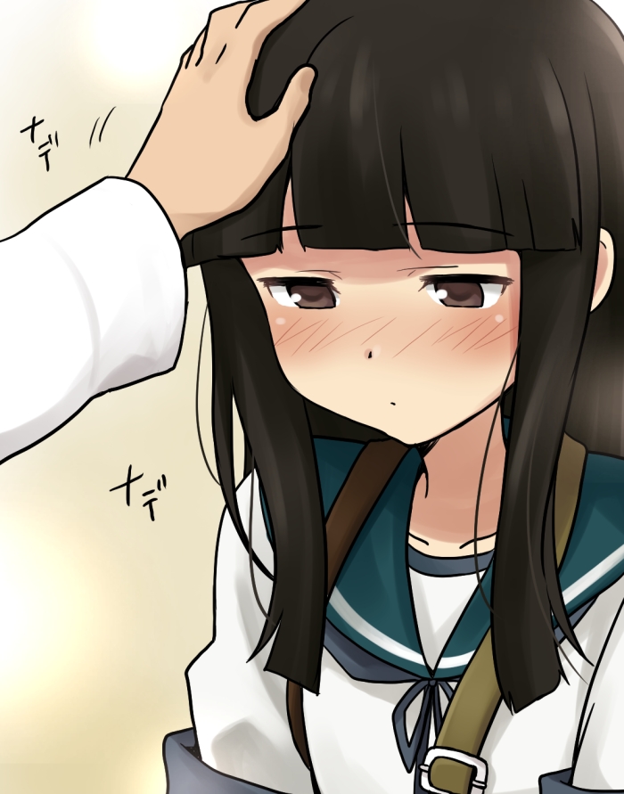 1girl admiral_(kantai_collection) blush brown_eyes brown_hair hatsuyuki_(kantai_collection) ikari_manatsu kantai_collection looking_down patting_head solo_focus