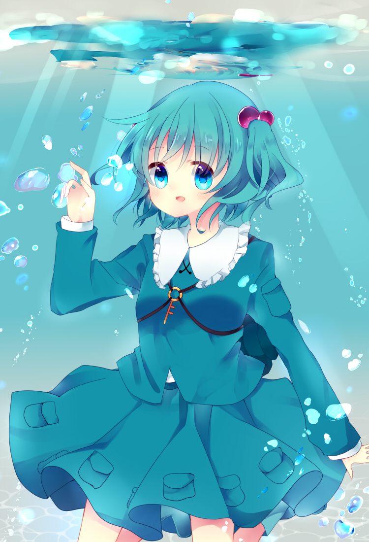 1girl arm_up backpack bag blue_eyes blue_hair boots bubble dress hair_bobbles hair_ornament kawashiro_nitori key long_sleeves looking_at_viewer mugi_wata no_hat no_headwear open_mouth rubber_boots short_hair skirt skirt_set smile solo sunbeam sunlight touhou twintails underwater wet wet_clothes
