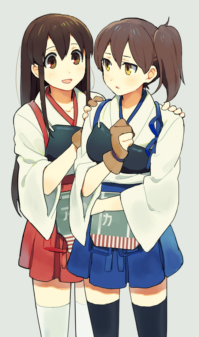 2girls akagi_(kantai_collection) black_legwear brown_hair hand_on_shoulder hands_on_shoulders japanese_clothes kaga_(kantai_collection) kantai_collection long_hair looking_at_another multiple_girls muneate personification pleated_skirt shinonome side_ponytail skirt thighhighs white_background white_legwear zettai_ryouiki