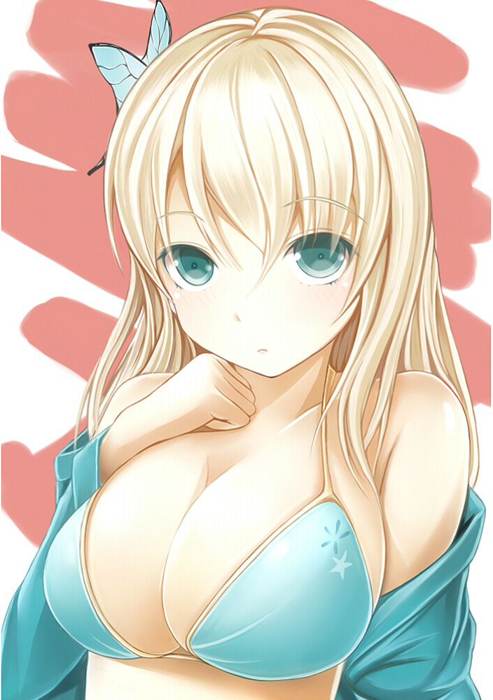 1girl aqua_eyes bikini_top blonde_hair boku_wa_tomodachi_ga_sukunai breasts butterfly_hair_ornament hair_ornament huge_breasts kashiwazaki_sena long_hair looking_at_viewer nanacy7 solo