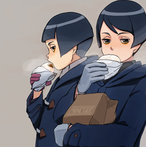 2boys ayu161 bag bangs black_hair blunt_bangs bowl_cut brothers brown_eyes bust carrying coat dumpling eating ebisugawa_ginkaku ebisugawa_kinkaku gloves grey_background looking_at_viewer multiple_boys paper_bag profile siblings steam swept_bangs uchouten_kazoku