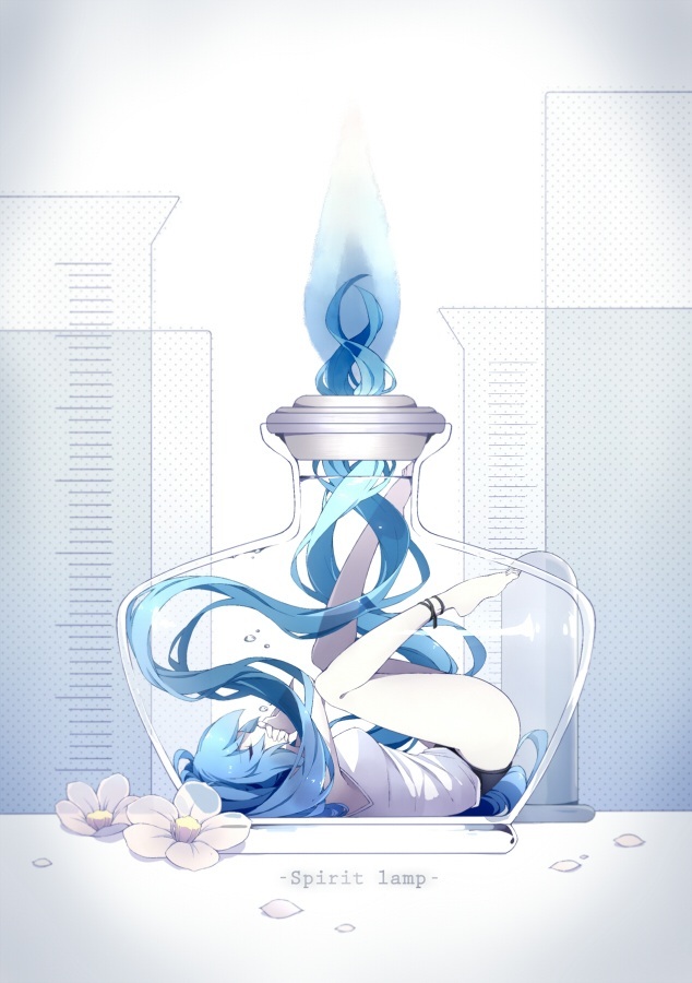 1girl bottle closed_eyes floating_hair hatsune_miku in_bottle in_container lamp long_hair lying lyodi on_back pale_skin solo very_long_hair vocaloid