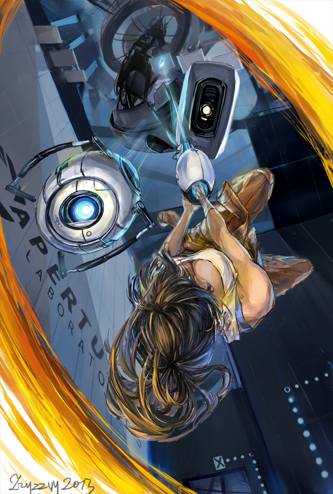 1girl aperture_laboratories aperture_science_handheld_portal_device artist_name breasts brown_hair chell cleavage dated glados pants ponytail portal_2 shirt wheatley zzyzzyy
