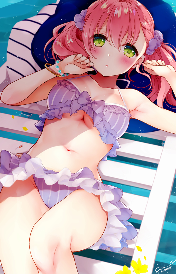 1girl amiko_(frostedchocolate) armpits atelier_(series) atelier_escha_&amp;_logy bikini blush bow bracelet breasts cleavage collarbone dated escha_malier green_eyes hair_ornament hair_scrunchie hat jewelry looking_at_viewer medium_breasts pink_hair purple_bikini purple_bow purple_scrunchie raised_eyebrows scrunchie short_hair signature solo summer swimsuit twintails under_boob