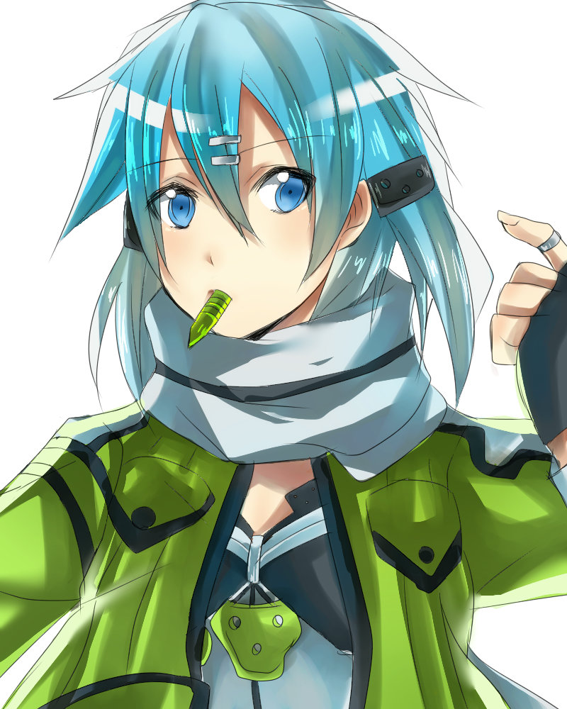 1girl blue_eyes blue_hair bullet fingerless_gloves getsuyoubi gloves mouth_hold shinon_(sao) short_hair sword_art_online