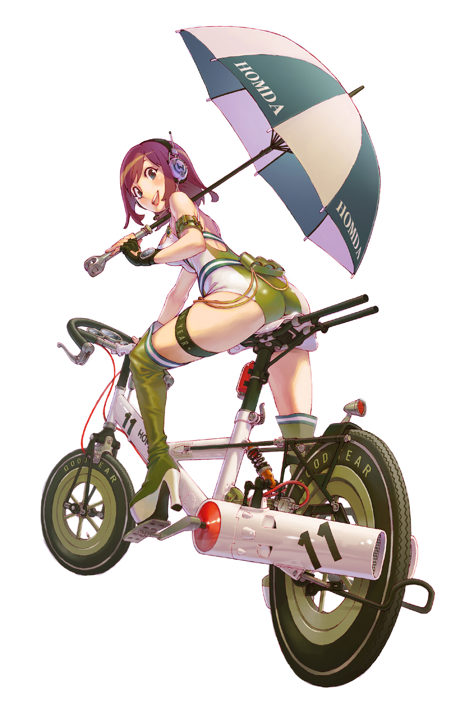 1girl achako_(badendo) ass bicycle blue_eyes boots brand_name_imitation brown_hair fingerless_gloves gloves goodyear headphones highres honda lipstick looking_at_viewer looking_back makeup open_mouth platform_footwear platform_heels racequeen short_hair simple_background smile solo thigh_boots thigh_strap thighhighs umbrella white_background