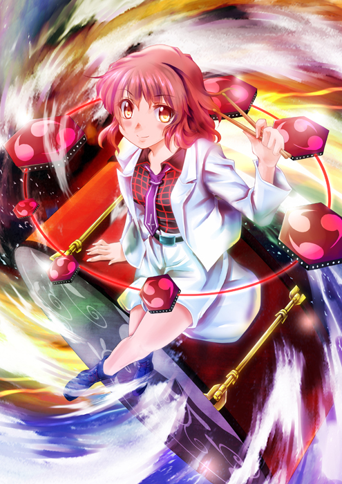 1girl ankle_boots belt boots cross crossed_legs_(sitting) drum drumsticks horikawa_raiko instrument inverted_cross izumi_akane looking_at_viewer mitsudomoe_(shape) multicolored_background necktie open_clothes open_jacket plaid plaid_shirt redhead short_hair sitting skirt smile solo tomoe_(symbol) touhou vortex yellow_eyes
