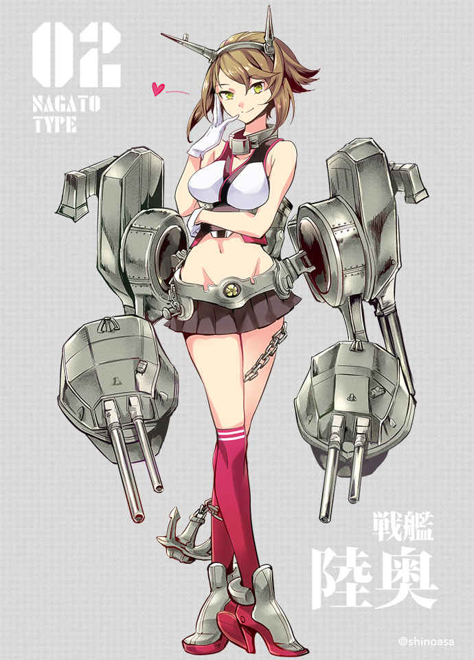 1girl bare_shoulders blush breasts brown_hair gloves green_eyes headgear kantai_collection kneehighs large_breasts looking_at_viewer midriff mutsu_(kantai_collection) navel personification red_legwear shinoasa short_hair skirt smile solo weapon white_gloves