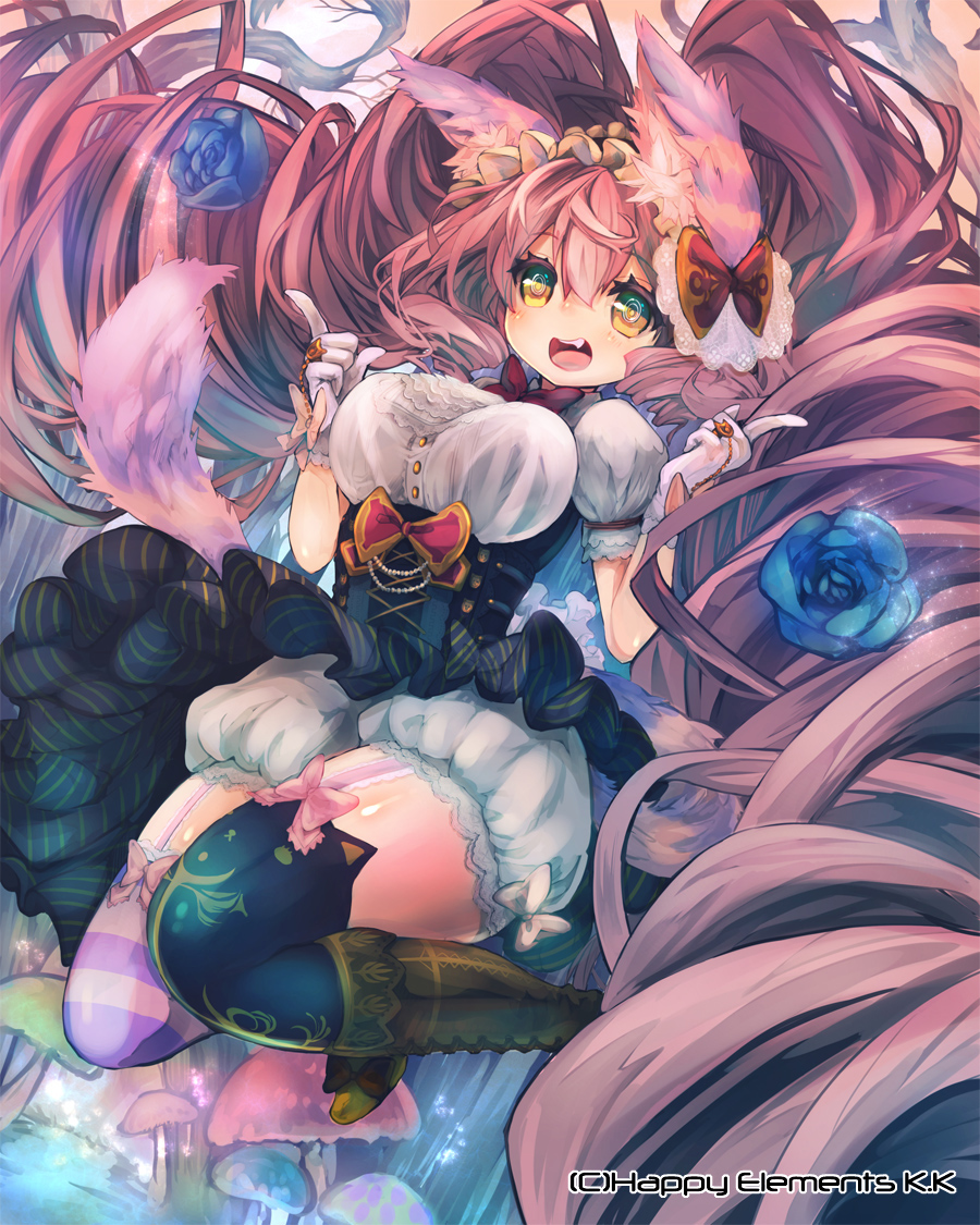 1girl amber_eyes animal_ears bloomers blue_rose boots bow bowtie cross-laced_footwear dress fang flower frilled_skirt frills garter_straps gloves hairband lace lolita_hairband long_hair original pink_hair pochuri44 rose skirt solo tail thighhighs underwear