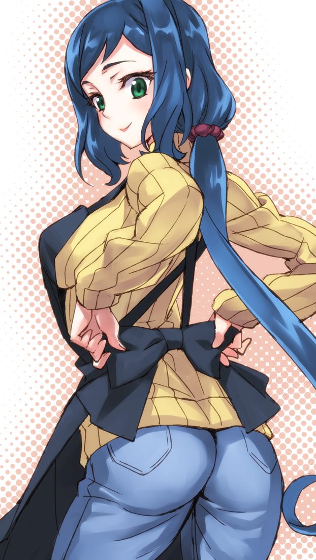 1girl apron ass blue_eyes blue_hair bow from_behind green_eyes gundam gundam_build_fighters iori_rinko jeans long_hair matsuryuu ponytail ribbed_sweater smile solo sweater