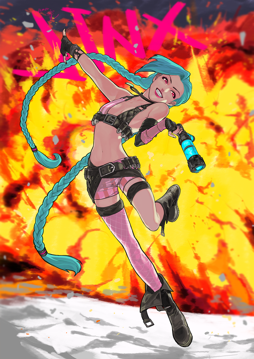 1girl abiso aqua_hair arched_back bandolier bikini_top boots braid bullet eyelashes fingerless_gloves flat_chest fringe garters gloves grin gun handgun highres jewelry jinx_(league_of_legends) league_of_legends lipstick long_hair makeup mismatched_gloves multiple_belts nail_polish necklace pendant red_eyes shorts single_thighhigh smile solo thighhighs twin_braids very_long_hair weapon