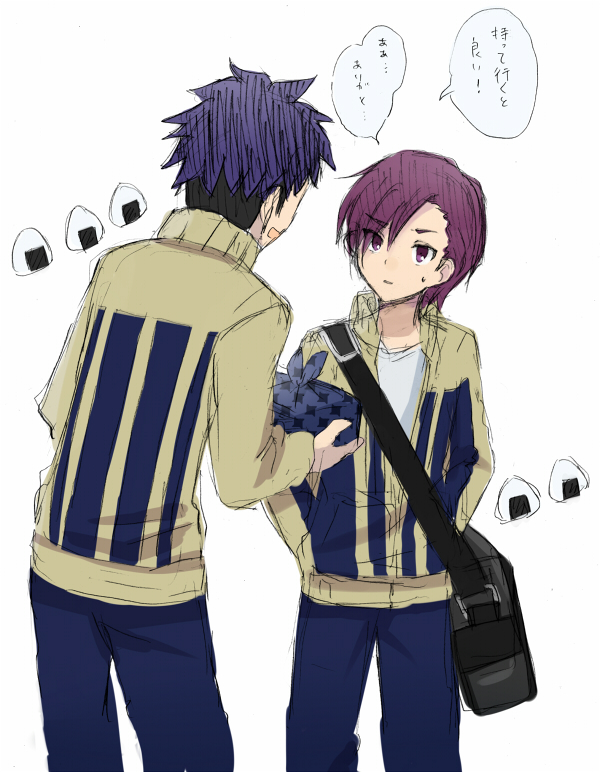 2boys bag barufoa food gassan_kunimitsu gift hyoudou_tsukasa inazuma_eleven_(series) inazuma_eleven_go male minamisawa_atsushi multiple_boys onigiri open_mouth purple_hair rough simple_background track_jacket translation_request unmoving_pattern violet_eyes white_background