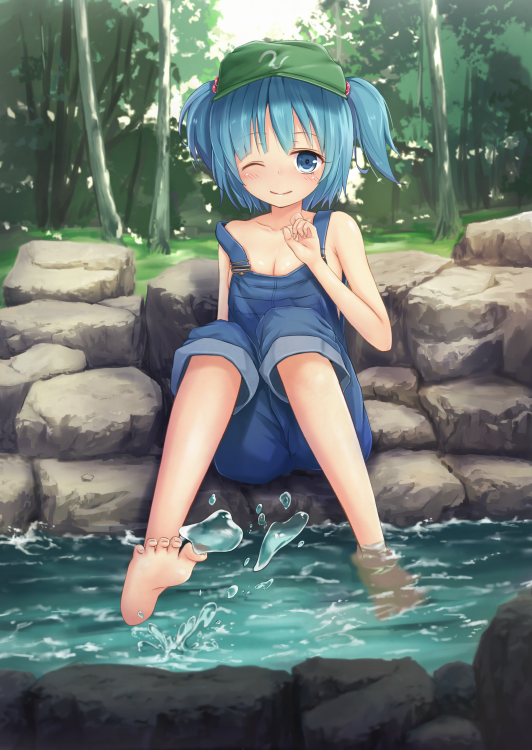 1girl alternate_costume bare_arms bare_shoulders barefoot blue_eyes blue_hair breasts cleavage collarbone dungarees forest hair_bobbles hair_ornament hat kawashiro_nitori looking_at_viewer naked_overalls nature no_shirt oukatihiro overalls pants river rock sitting sitting_on_rock smile soaking_feet solo splashing touhou twintails wink