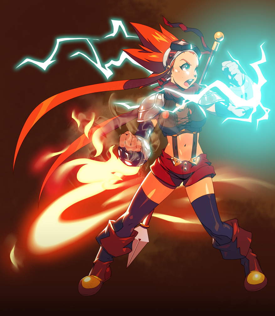1girl black_legwear boots bracer clenched_hands cryamore detached_sleeves electricity esmyrelda_maximus fighting_stance fire freckles gloves goggles goggles_on_head long_hair midriff navel official_art orange_eyes orange_hair pauldrons payot polearm robert_porter scarf shorts solo spear spiky_hair suspenders thighhighs very_long_hair weapon