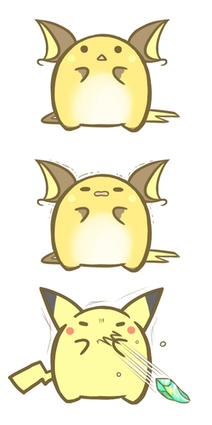 cafe_(chuu_no_ouchi) no_humans pikachu pokemon pokemon_(creature) raichu simple_background sneezing thunder_stone trembling
