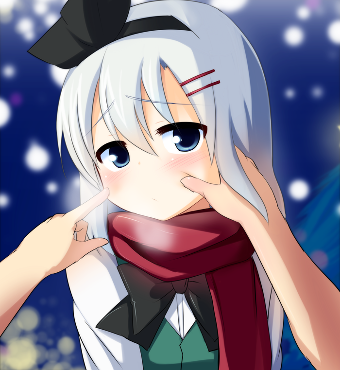 1girl blush cheek_pinching cheek_poke konpaku_youmu looking_at_viewer mirino pinching poking pov scarf short_hair touhou