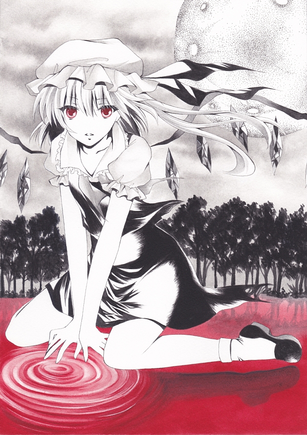 1girl acrylic_paint_(medium) ankle_socks cloudy_sky flandre_scarlet full_moon greyscale hadzu@_(hadukinn120) looking_at_viewer millipen_(medium) mob_cap monochrome moon parted_lips puffy_short_sleeves puffy_sleeves red_eyes reflection ripples short_hair short_sleeves side_ponytail sitting skirt skirt_set solo spot_color touhou traditional_media tree wariza wings