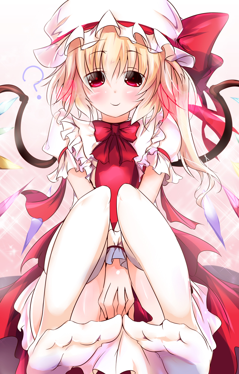 1girl ? between_legs blonde_hair blush dress flandre_scarlet hand_between_legs hat hat_ribbon highres mob_cap puffy_sleeves red_dress red_eyes ribbon shirt short_sleeves side_ponytail sitting smile solo soulhunter_en sparkle thighhighs touhou v_arms white_legwear wings wrist_cuffs