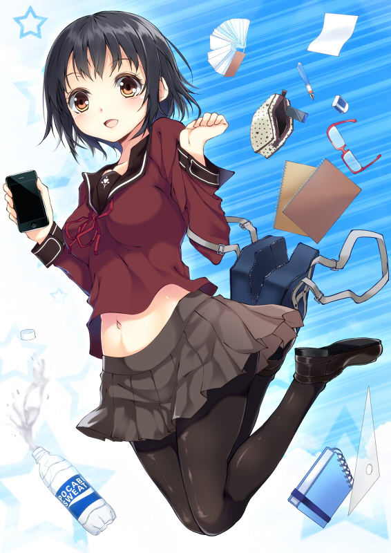 1girl bag black_hair black_legwear blush bottle cellphone eraser glasses loafers long_sleeves looking_at_viewer navel notebook orange_eyes original pantyhose phone protractor school_bag school_uniform serafuku shoes short_hair skirt smile solo water_bottle yatsu_(sasuraino)