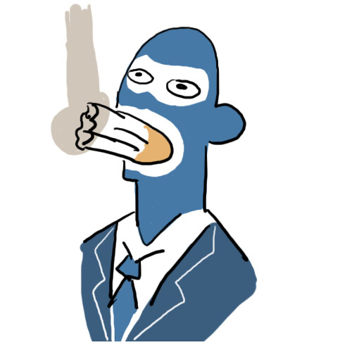1boy balaclava bust cigarette face formal lowres male meme mouth_hold necktie rough simple_background smoke smoking solo suit t8909 team_fortress_2 the_spy white_background