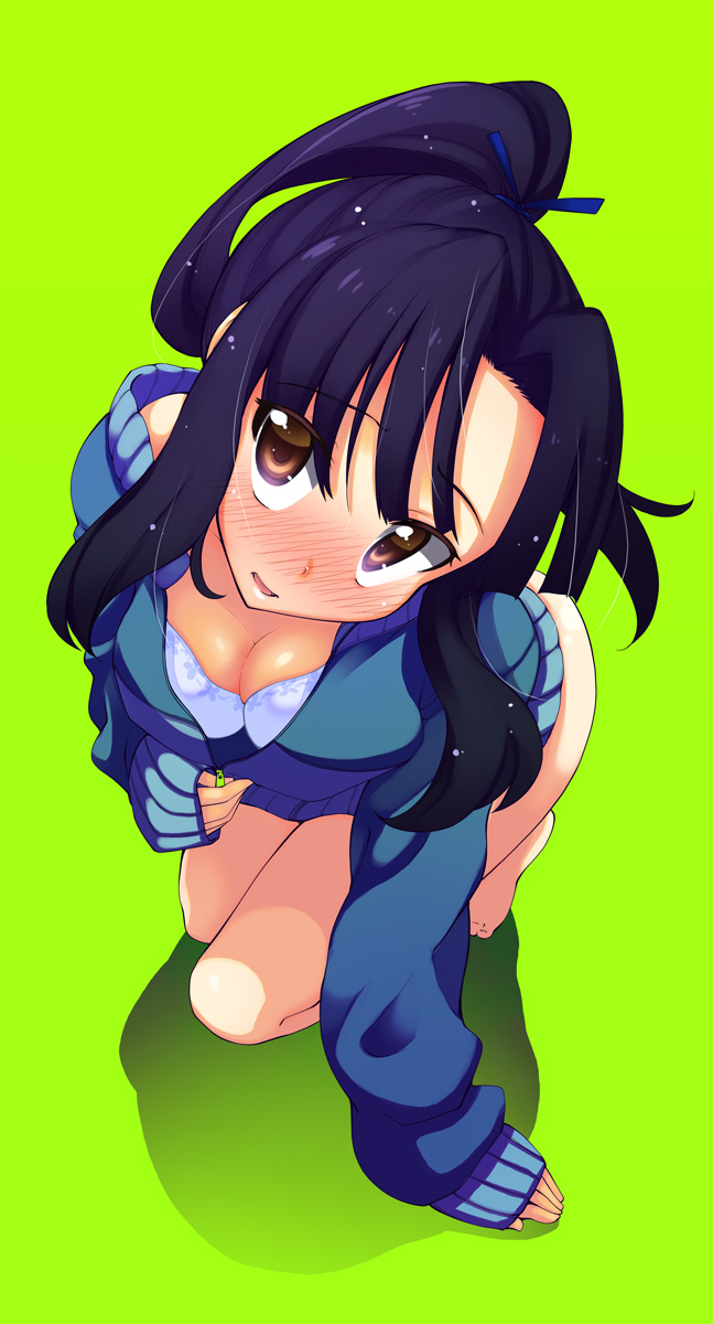 1girl akino_sora bangs bare_legs barefoot black_hair blush bottomless bra breasts brown_eyes cleavage from_above full-face_blush hattori_shizuka highres kneeling long_hair looking_up naked_sweater open_mouth parted_bangs ponytail simple_background sleeves_past_wrists solo strike_witches sweater underwear unzipped white_bra