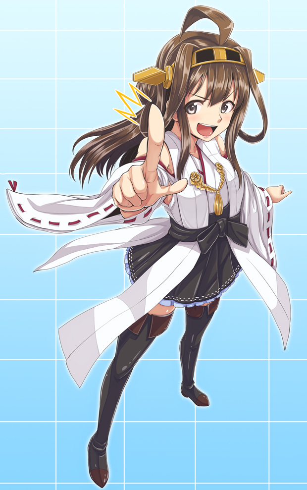 1girl bare_shoulders blush boots breasts brown_hair dan_(orange_train) detached_sleeves double_bun hair_ornament hairband headgear highres japanese_clothes kantai_collection kongou_(kantai_collection) long_hair nontraditional_miko open_mouth personification skirt smile solo thigh_boots thighhighs