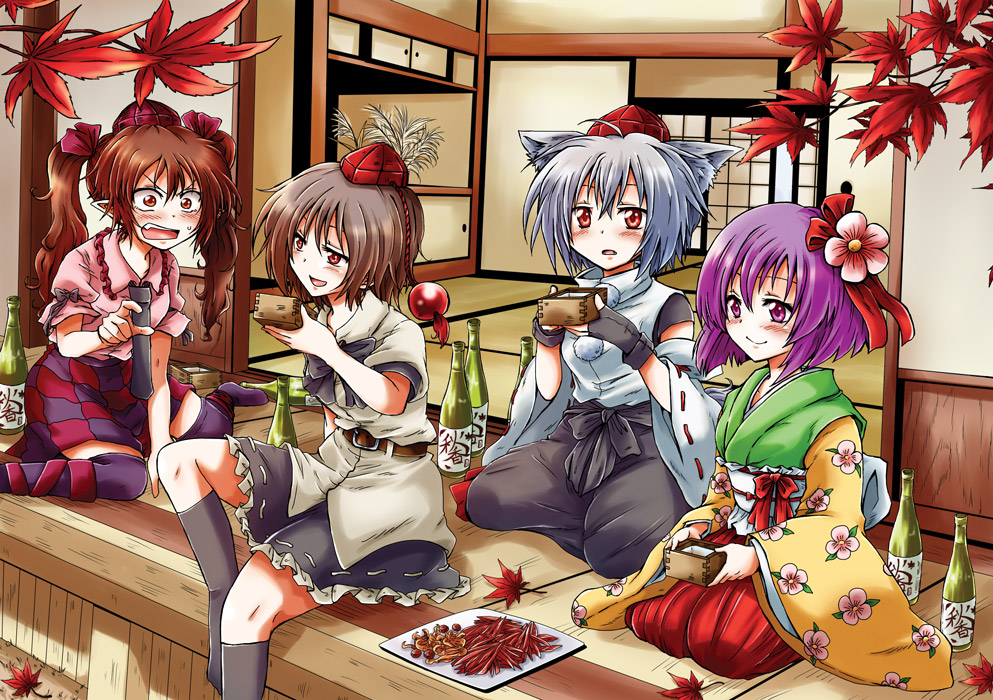 4girls belt black_legwear blush bottle brown_hair fang fingerless_gloves flower food gloves hair_flower hair_ornament hair_ribbon hat hieda_no_akyuu himekaidou_hatate inubashiri_momiji japanese_clothes leaf masu multiple_girls necktie open_mouth pom_pom_(clothes) purple_hair red_eyes ribbon seiza shameimaru_aya short_hair silver_hair sitting skirt smile tokin_hat touhou twintails unya violet_eyes