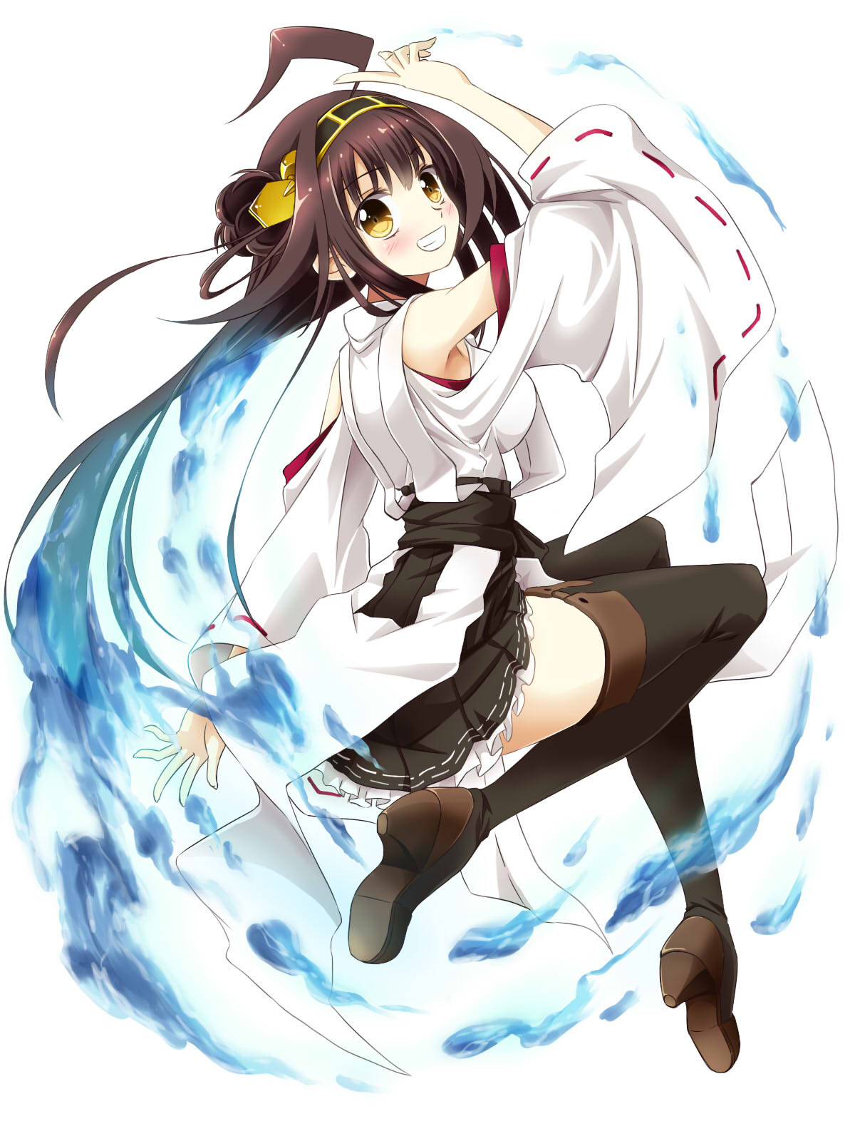 1girl ahoge bare_shoulders blush brown_hair detached_sleeves double_bun hair_ornament hairband headgear highres japanese_clothes kantai_collection khnchak kongou_(kantai_collection) long_hair looking_at_viewer open_mouth personification skirt smile solo thighhighs wide_sleeves zettai_ryouiki