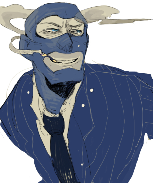 1boy balaclava blue_eyes cigarette formal male mouth_hold necktie simple_background smoke smoking solo suit t8909 team_fortress_2 tears the_spy white_background