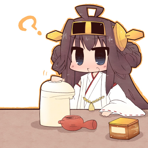 1girl ? ahoge black_eyes braid brown_hair chibi detached_sleeves fang hairband japanese_clothes kantai_collection kongou_(kantai_collection) long_hair lowres luu open_mouth personification solo tea teapot water_boiler wide_sleeves