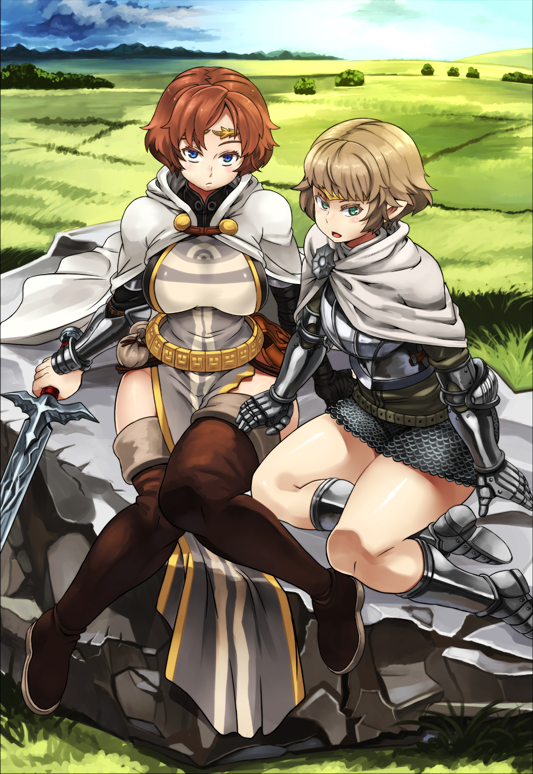 2girls arisen_(dragon's_dogma) armor bare_legs belt blonde_hair blue_eyes boots breastplate breasts cape chainmail circlet dragon's_dogma emma_201 field gauntlets green_eyes horizon knees_together_feet_apart large_breasts multiple_girls pawn_(dragon's_dogma) pointy_ears pouch redhead rock short_hair sitting sword tabard thigh-highs thigh_boots weapon