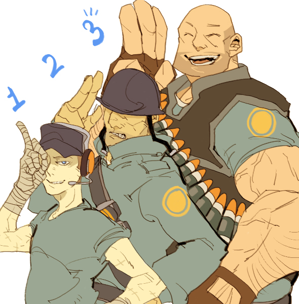 bald bandages bandolier blue_eyes closed_eyes fingerless_gloves gloves hat headset height_difference helmet muscle open_mouth simple_background t8909 team_fortress_2 the_heavy the_scout the_soldier white_background