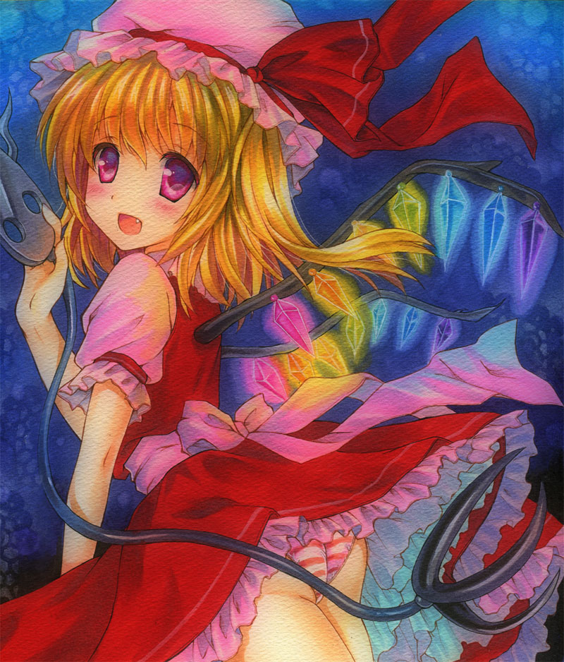 1girl :d blonde_hair blush bow dress fang flandre_scarlet hat hat_bow highres igoneri_(mimimimimi3) looking_at_viewer looking_over_shoulder mob_cap open_mouth panties pantyshot pantyshot_(standing) puffy_sleeves red_dress red_eyes sash shirt short_sleeves side_ponytail smile solo standing striped striped_panties touhou traditional_media underwear wings