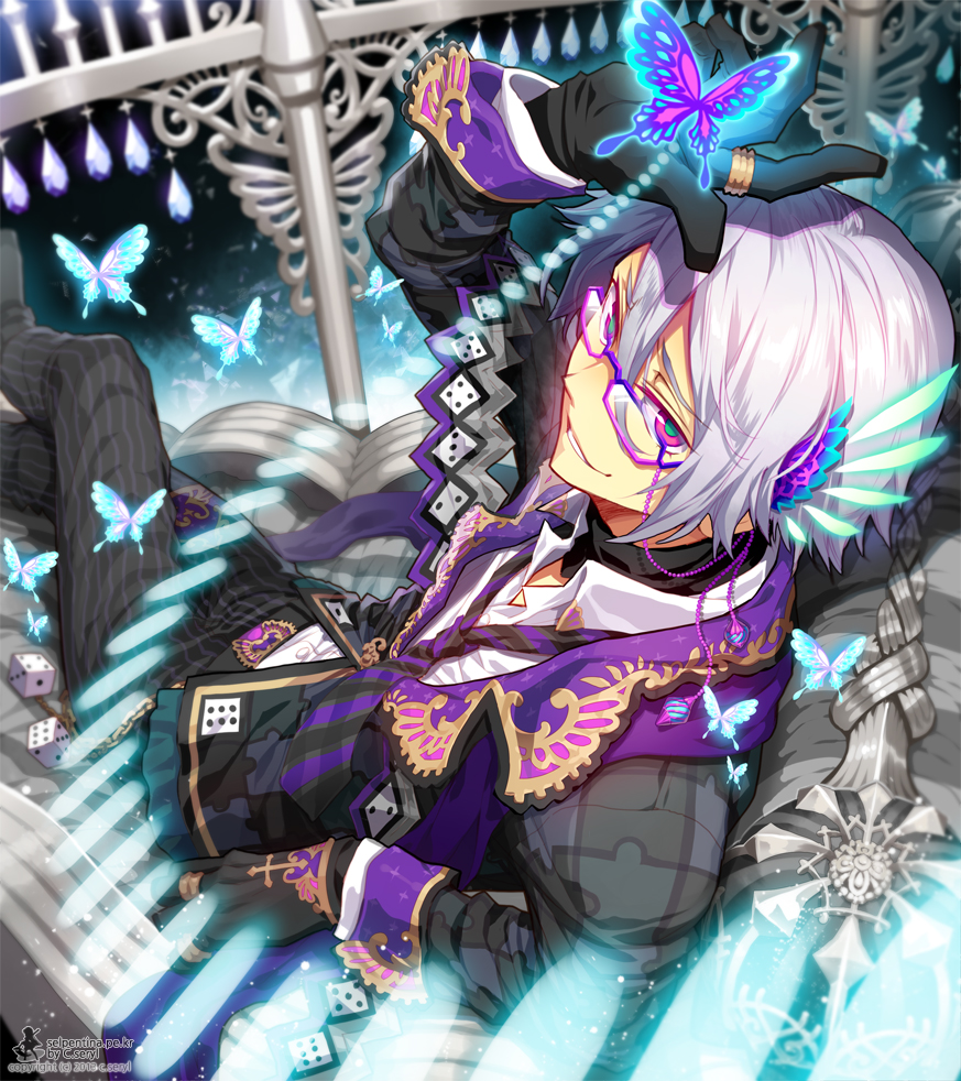 1boy butterfly c.seryl glasses gloves hair_ornament jacket looking_back necktie open_mouth original short_hair smile solo white_hair